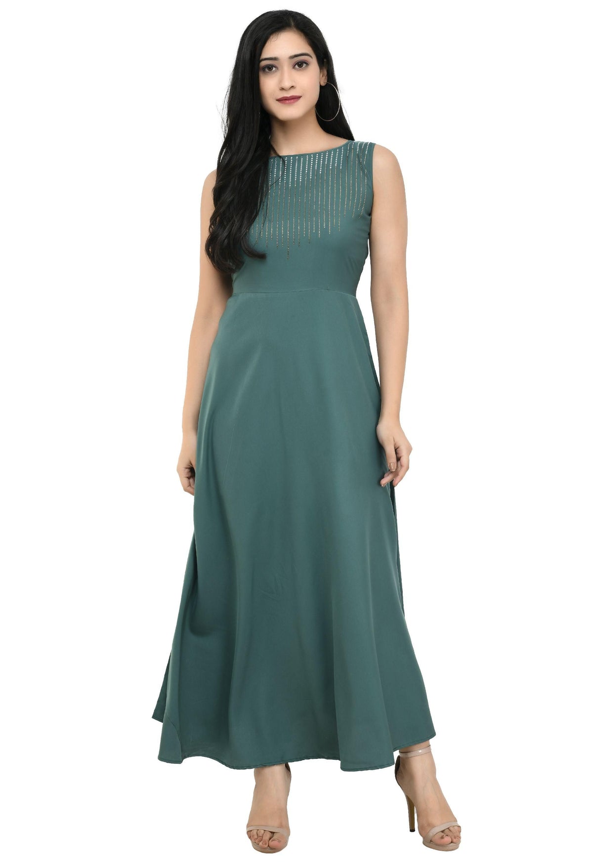 Oceanista Damen Maxikleid mit Kreppverzierung, Partywear, Grün