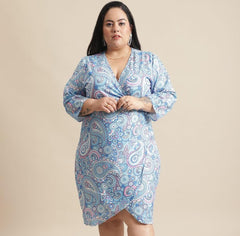 Flambeur Plus Size Printed Wrap Style Short Dress for Women