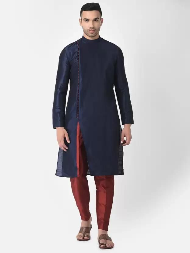 AHBABI Pyjama-Set für Herren aus Dupionseide mit Schlitz im Kurta-Stil, Marineblau-Rot