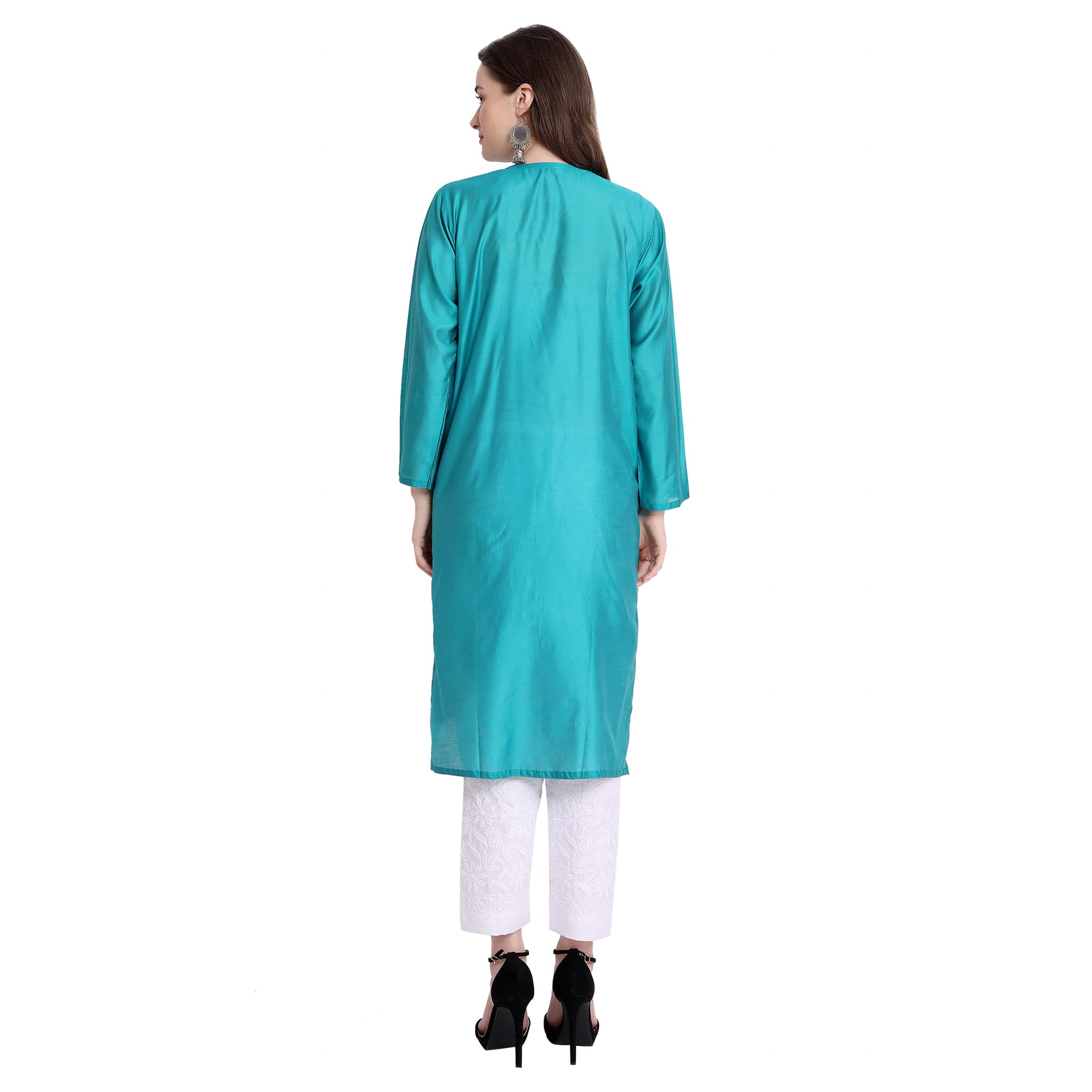 Women Chikankari Chanderi Silk Straght Kurti