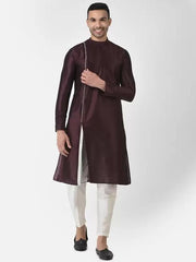 AHBABI Pyjama-Set für Herren aus Dupionseide mit Schlitz im Kurta-Stil, Kastanienbraun-Weiß