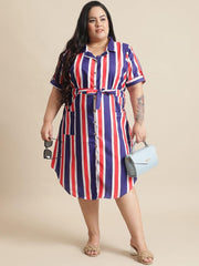 Flambeur Plus Size Stripe Shirt Style Midi Dress for Women