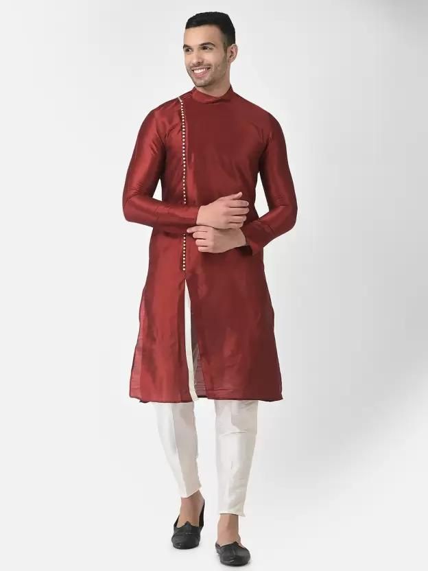 AHBABI Pyjama-Set für Herren aus Dupionseide mit Schlitz im Kurta-Stil, Rot-Weiß