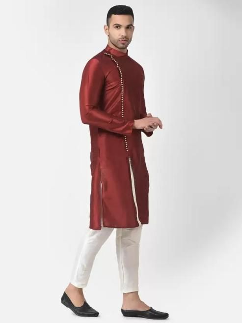 AHBABI Pyjama-Set für Herren aus Dupionseide mit Schlitz im Kurta-Stil, Rot-Weiß