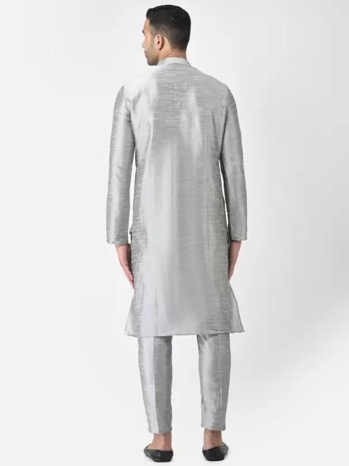 AHBABI Pyjama-Set für Herren aus einfarbiger Dupionseide, Kurta, Silber