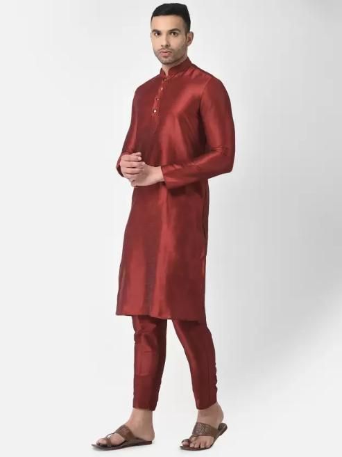 AHBABI Pyjama-Set für Herren, einfarbig, Dupionseide, Kurta, Rot