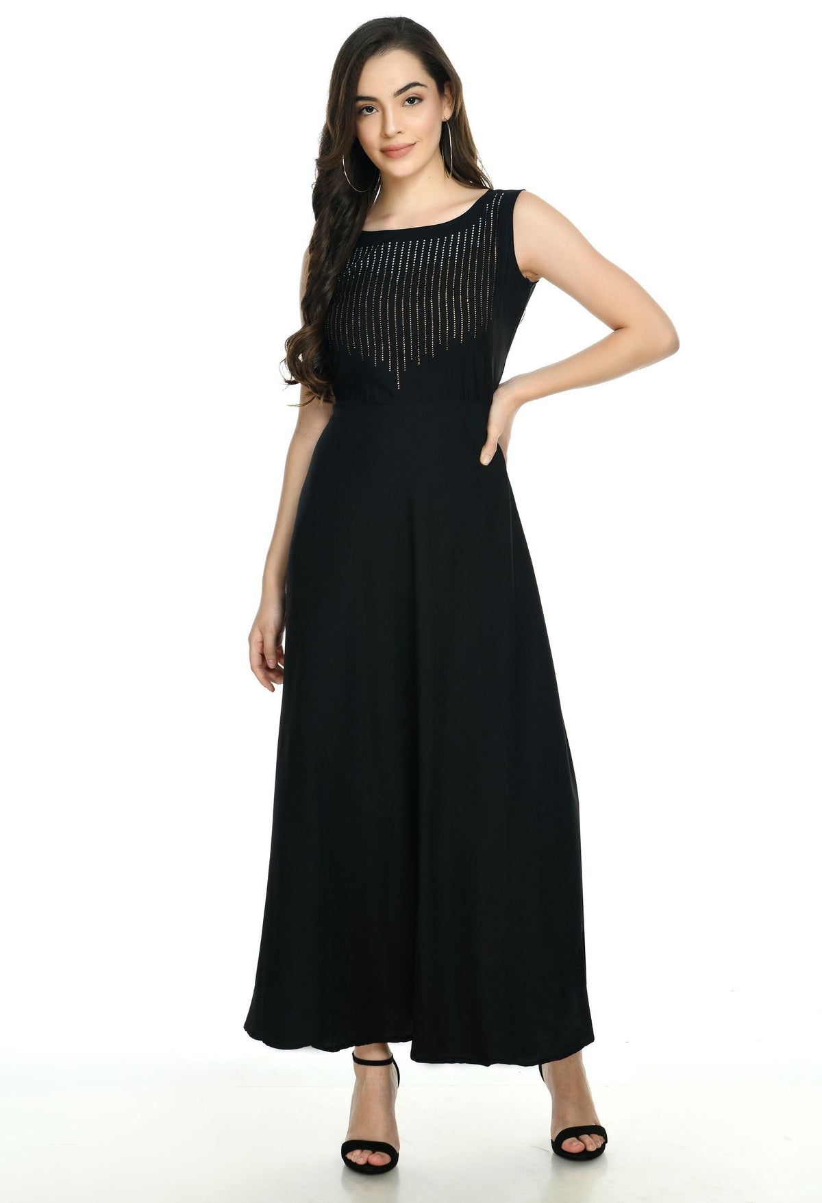 Oceanista Damen Maxikleid mit Kreppverzierung, Partywear, Schwarz