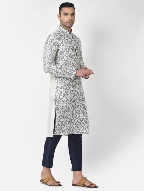 AHBABI Bedrucktes Kurta-Pyjama-Set aus Dupionseide für Herren, Weiß-Nvayblau