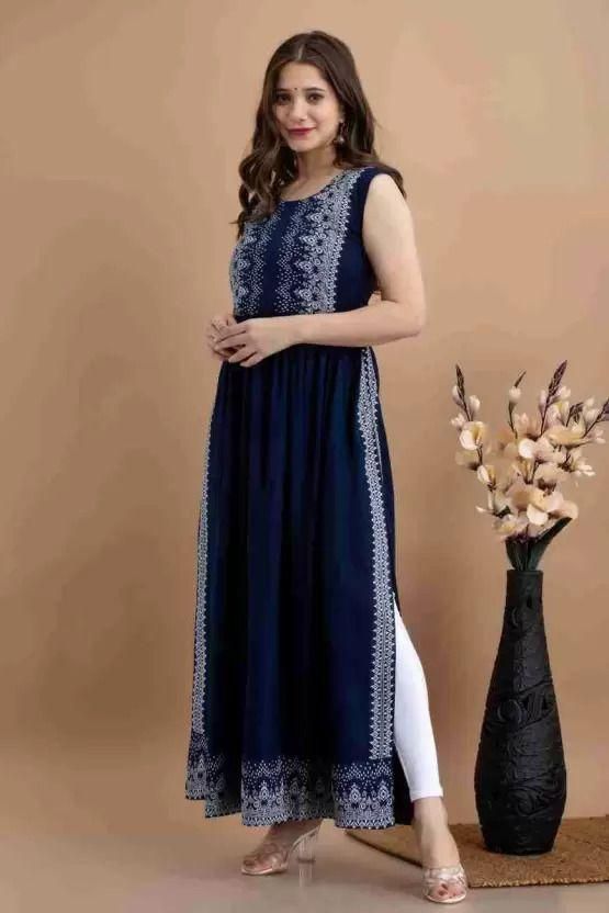 OCEANISTA Women's Rayon Printed Long Kurti Navy Blue