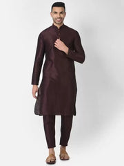 AHBABI Men's Solid Dupion Silk Kurta Pyjama Set Maroon