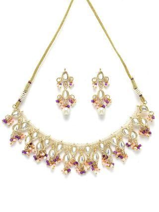 Karatcart vergoldetes Kundan-Halskettenset mit rosa und violettem Kristall für Damen