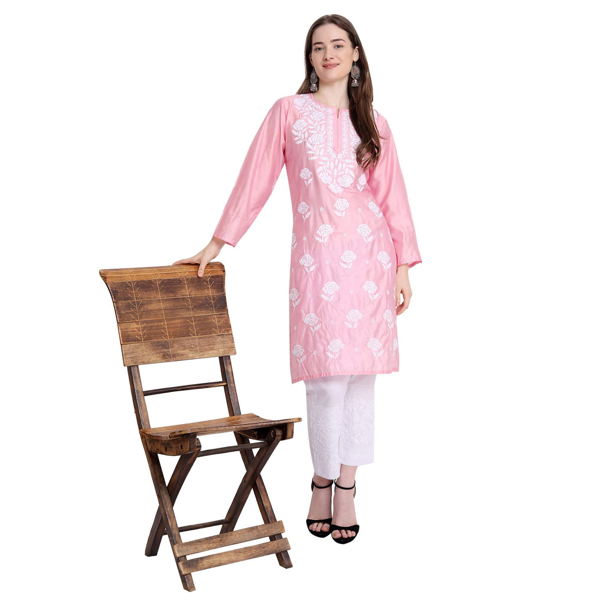 Chikankari Chanderi Kurti aus Seide für Frauen