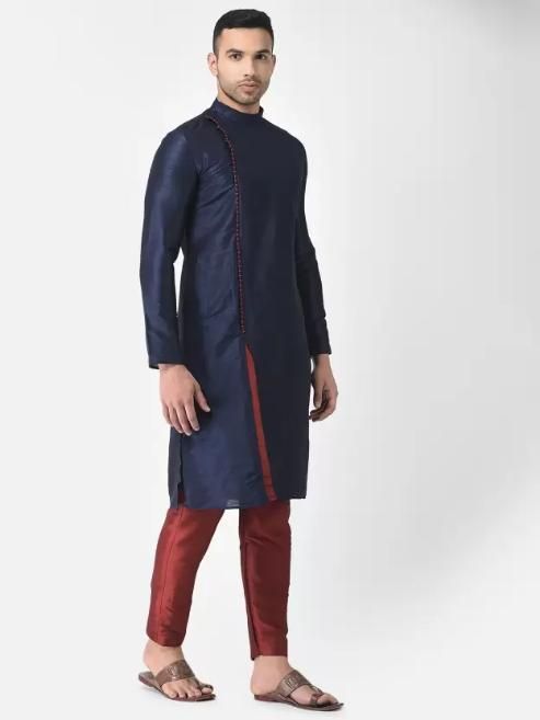 AHBABI Pyjama-Set für Herren aus Dupionseide mit Schlitz im Kurta-Stil, Marineblau-Rot