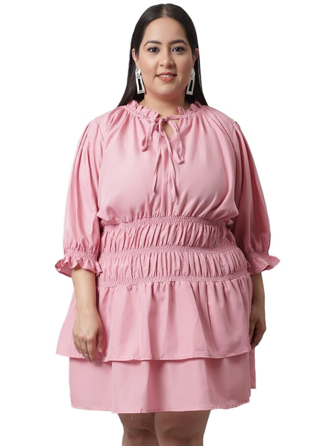 Flambeur Plus Size Peach Solid Flared Short Dress for Women