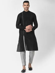 AHBABI Pyjama-Set für Herren aus Dupionseide mit Schlitz im Kurta-Stil, Schwarz-Silber