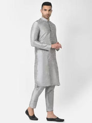 AHBABI Pyjama-Set für Herren aus einfarbiger Dupionseide, Kurta, Silber