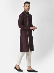 AHBABI Pyjama-Set für Herren aus Dupionseide mit Schlitz im Kurta-Stil, Kastanienbraun-Weiß