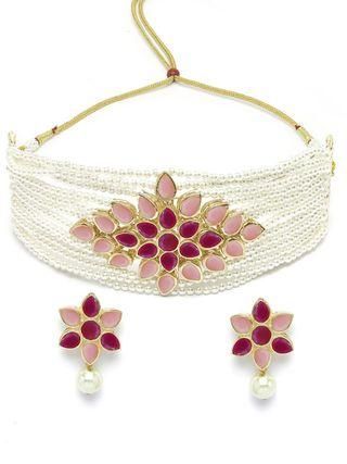 Karatcart Vergoldetes Choker-Halsketten-Set mit Perlen in Königsrosa und Babyrosa mit Kundan-Steinen