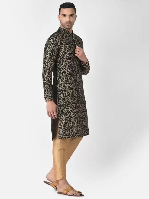 AHBABI Men's Printed Dupion Silk Kurta Pyjama Set Black-Golden