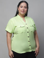 Flambeur Women's Plus Size Solid Green Half Sleeve Casual Shirt