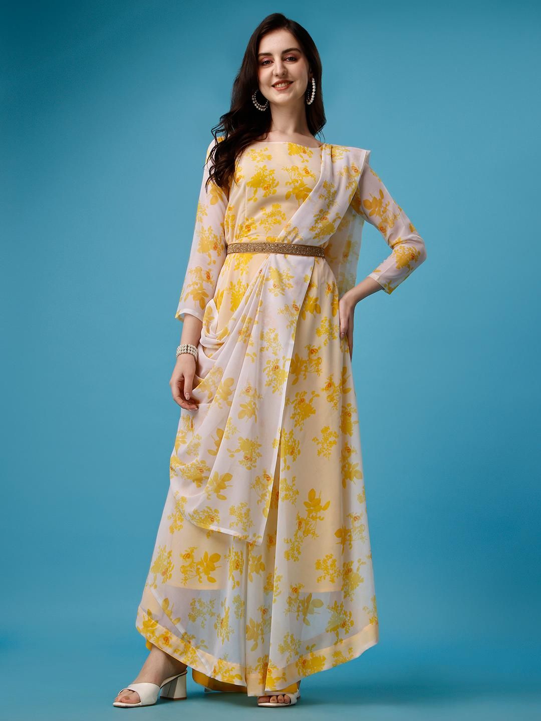 Bedrucktes Anarkali-Set aus Kurti und Dupatta mit Gürtel für Damen in Übergröße