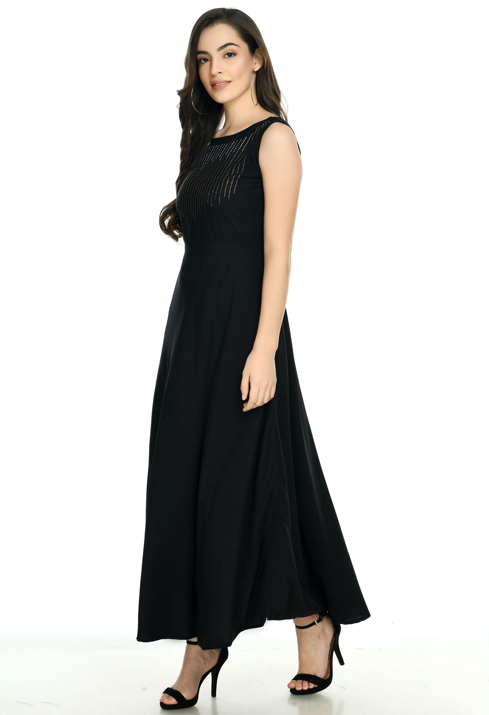 Oceanista Damen Maxikleid mit Kreppverzierung, Partywear, Schwarz