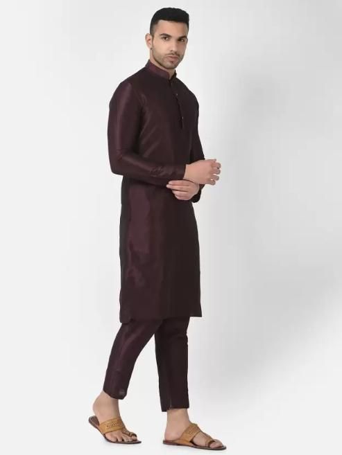 AHBABI Pyjama-Set für Herren aus einfarbiger Dupionseide, Kurta, Kastanienbraun