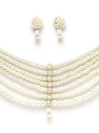 Karatcart Perlen-Kundan-Halsketten-Set für Damen