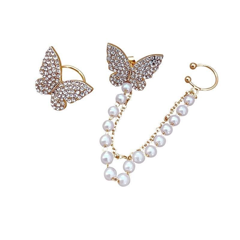 AVR JEWELS Hohes Gefühl von asymmetrischen Schmetterlingsperlen-Ohrknochen-Clip-Ohrringe, All-in-One-Ohrringe mit Super-Feenquaste für Frauen