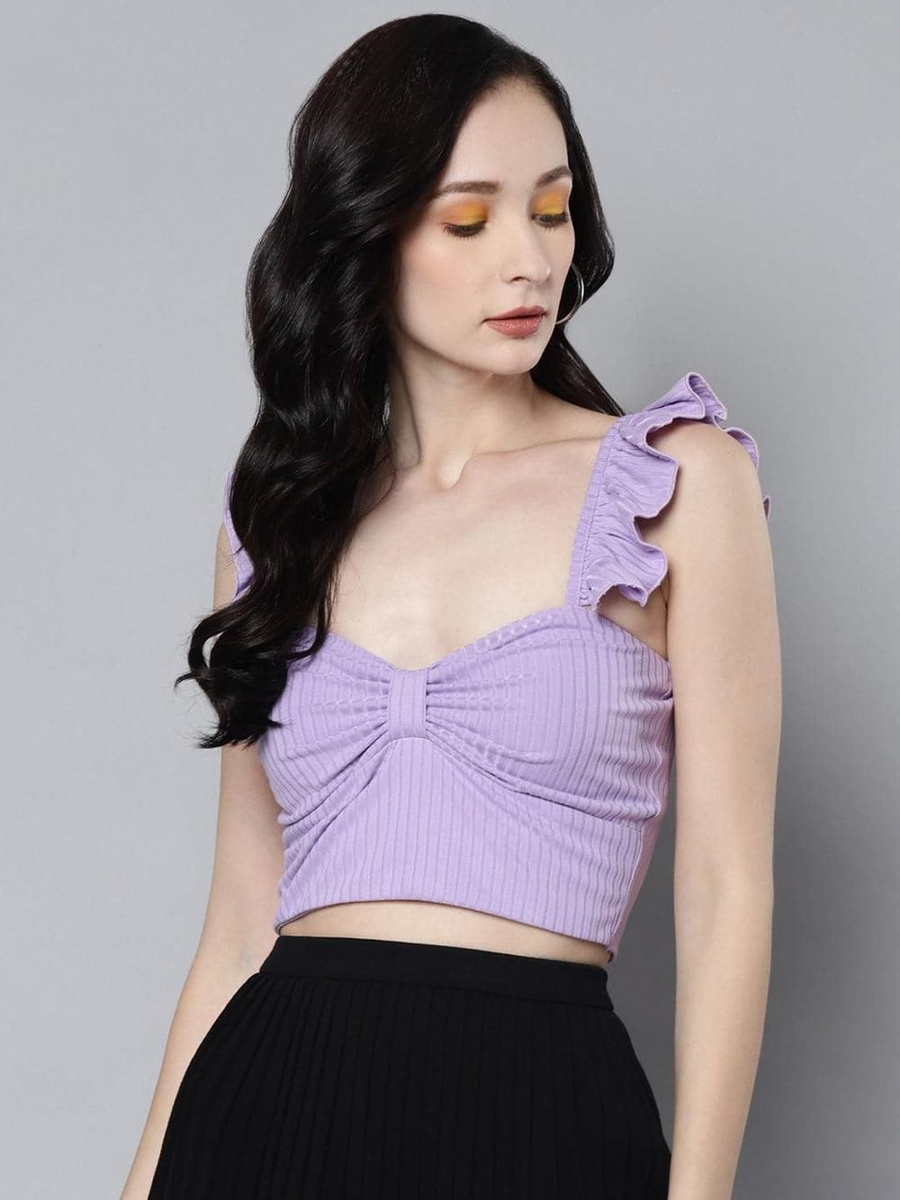 Sassafras Women's Solid Lavender Rib Sweetheart Neck Crop Top