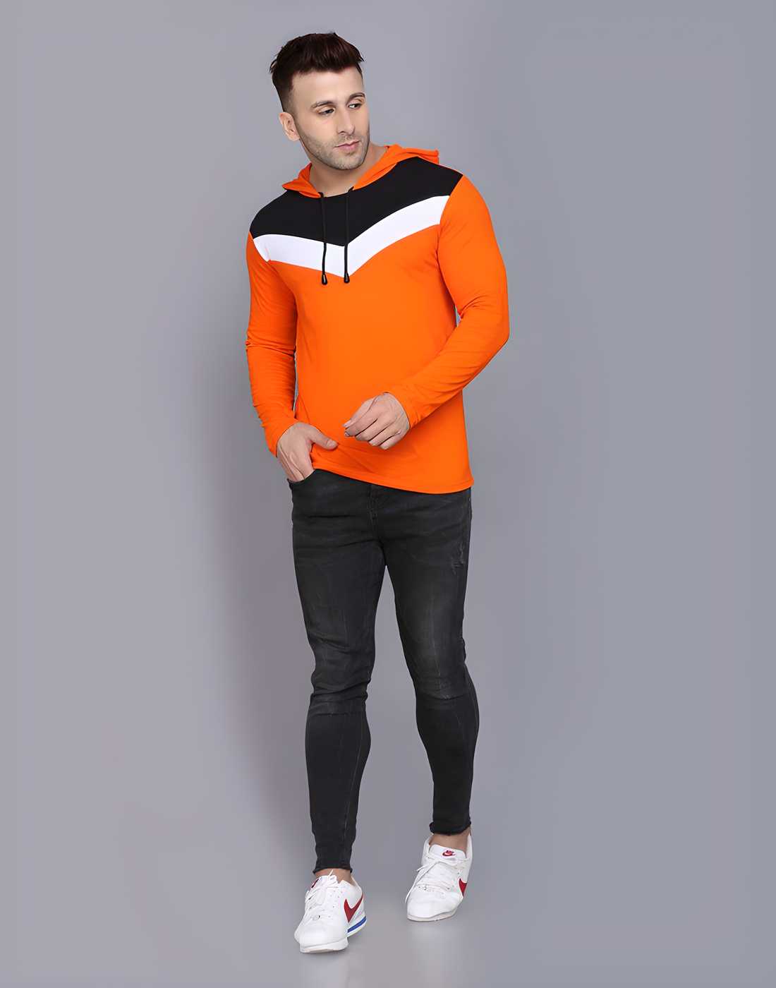 Cotton Color Block Full Sleeves Hooded T-Shirt