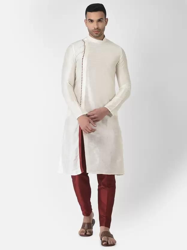 AHBABI Pyjama-Set für Herren aus Dupionseide mit einfarbigem Schlitz im Kurta-Stil, Weiß-Rot