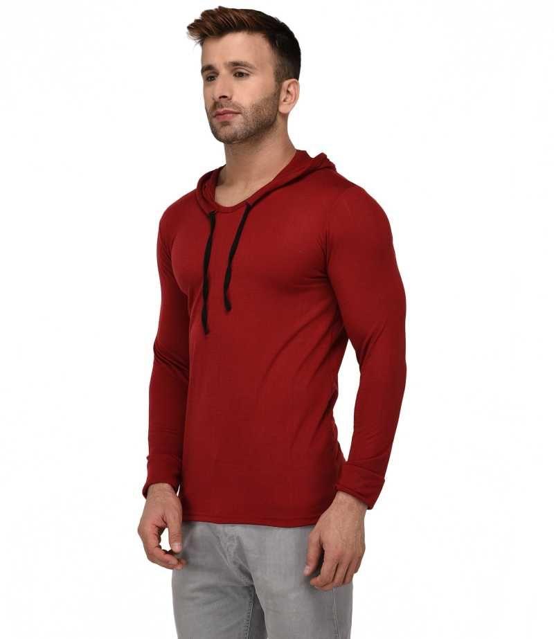 Cotton Solid Full Sleeves Hooded T-Shirt