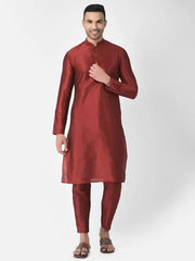 AHBABI Pyjama-Set für Herren, einfarbig, Dupionseide, Kurta, Rot