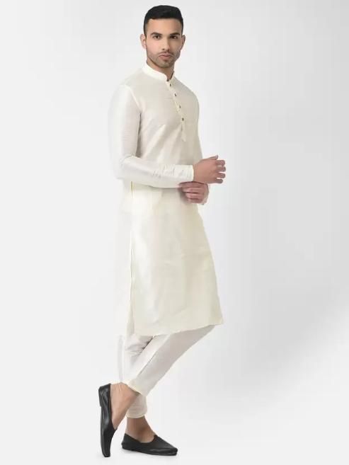 AHBABI Pyjama-Set für Herren aus einfarbiger Dupionseide, Kurta, Off-White