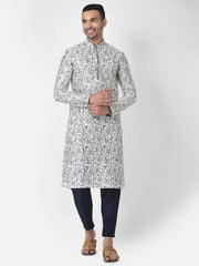 AHBABI Men's Printed Dupion Silk Kurta Pyjama Set White-Nvayblue