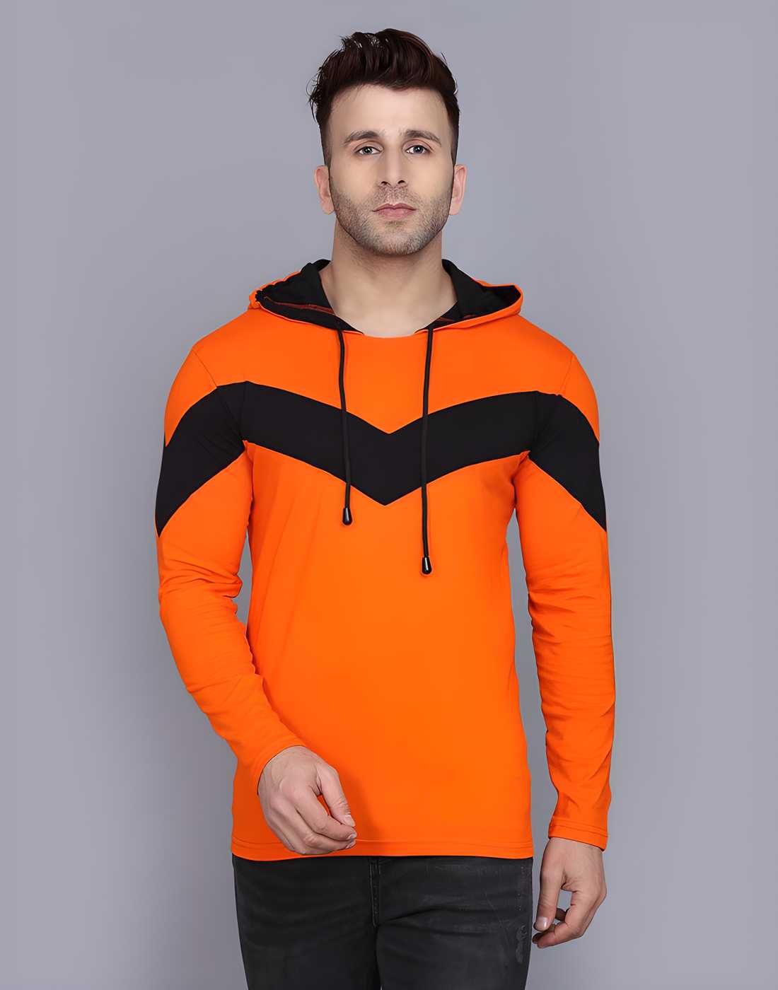 Cotton Color Block Full Sleeves Hooded T-Shirt