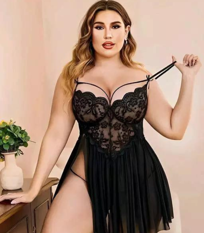 French Daina Babydoll-Nachtwäsche aus Spitze und Netzstoff