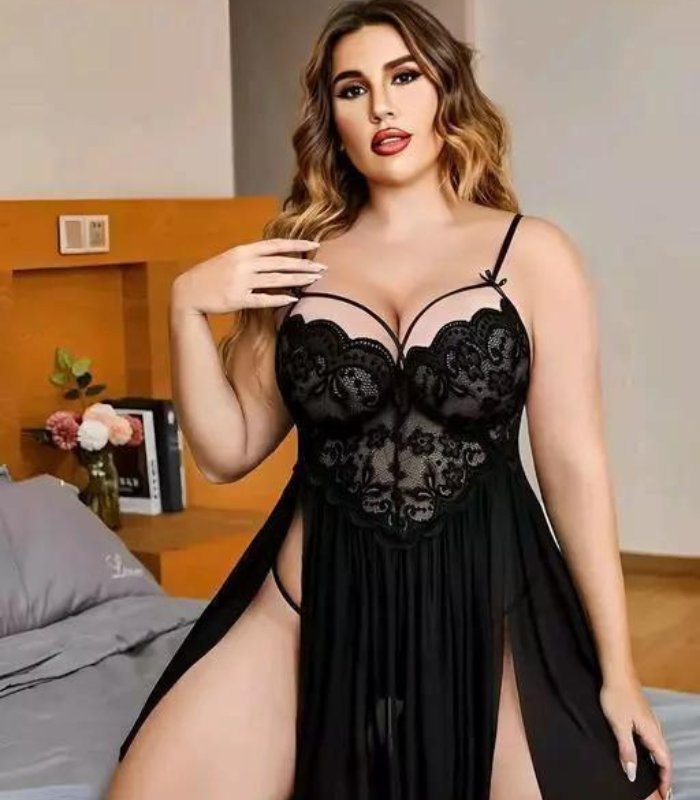 French Daina Babydoll-Nachtwäsche aus Spitze und Netzstoff