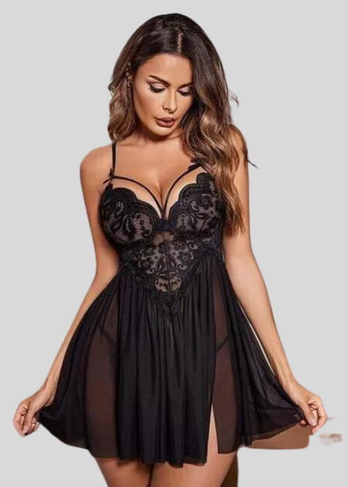 French Daina – Babydoll-Nachtwäsche aus schwarzer Spitze