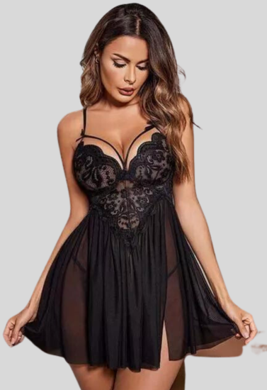 French Daina – Babydoll-Nachtwäsche aus schwarzer Spitze