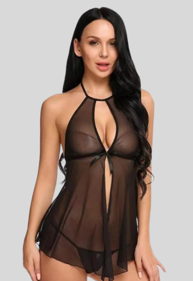 Elegantes schwarzes Babydoll-Nachthemd aus Spitze