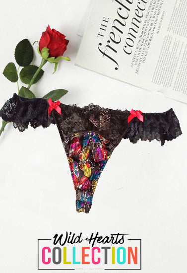 Lasenza Lingerie – Halbtransparenter schwarzer Tanga mit Blumenmuster (ausverkauft)